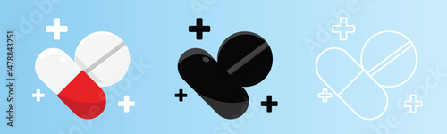 Vector illustration of capsules and tablets in red, black, and outline styles with medical cross symbols on a blue background. Concept of medicine, pharmacy, and healthcare.