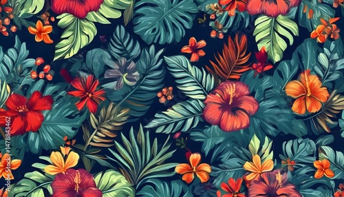 Vibrant and dense tropical foliage pattern with a dark background, featuring a variety of flowers and leaves in rich, saturated colors.