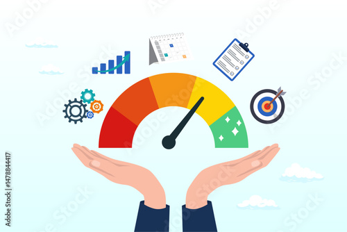Businessman hand with KPI performance gauge scale, KPI key performance indicator, success benchmark or measuring goal achievement, metric or comparison standard, winning target dashboard concept