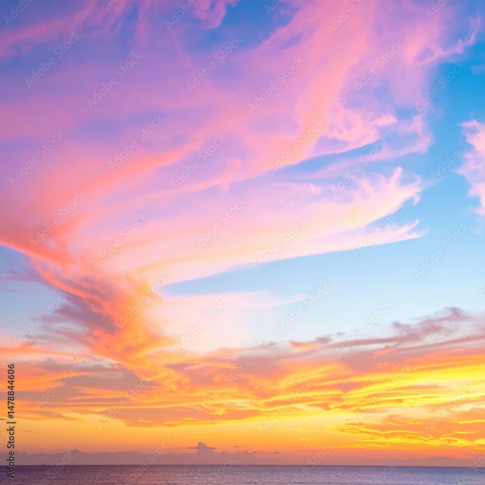 Fototapeta premium A breathtaking sunset paints the sky in vibrant shades of pink and orange, with wispy clouds softly illuminated, creating a serene and magical atmosphere.