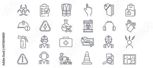Icon showing safety, fire risk, and hazard management. Depicts accident equipment and workplace emergency protection. Linear vector for industrial use.