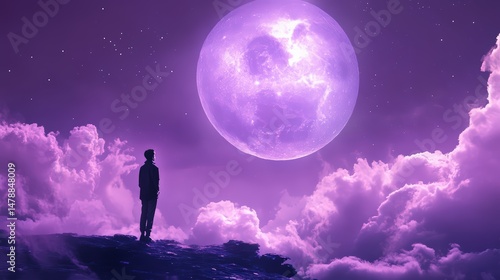 Silhouette gazing at a giant luminous moon above dreamy purple clouds