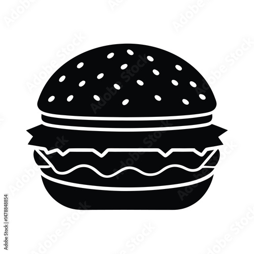 Cheeseburger with Sesame Topping Vector Silhouette on White Background