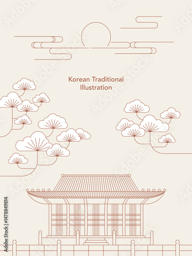 한국 전통 한옥과 소나무가 어우러진 고궁 풍경 일러스 - Korean Traditional Hanok and Pine Tree Palace Landscape Illustration