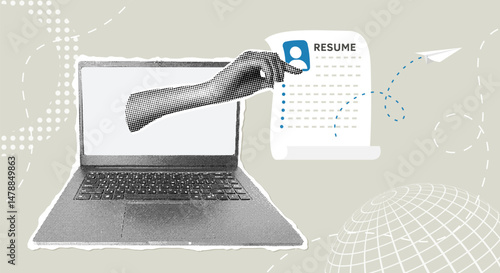 Trendy halftone collage. Online resume submission. Hand reaches out of laptop to send resume. Employment concept, scanning to select job applicant.