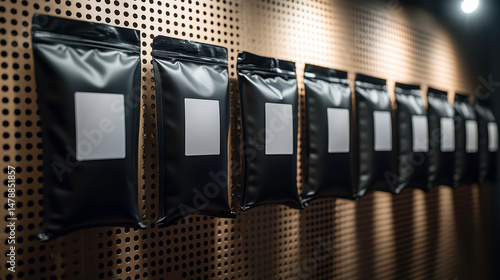 Premium Coffee Packaging Display On Modern Pegboard Wall