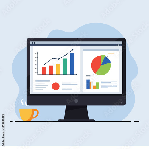 Flat style vector illustration of a computer monitor displaying business data charts and graphs. Data analysis, financial report, and business intelligence concept icon