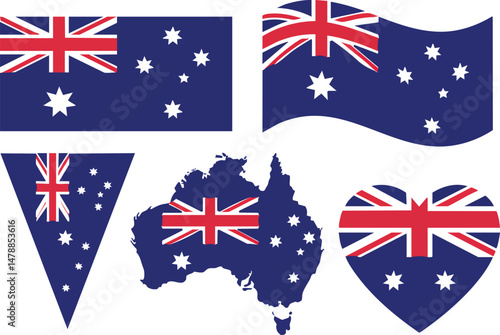 A collection of Australian flag designs, including a waving flag, banners, a map of Australia, and a heart shape.