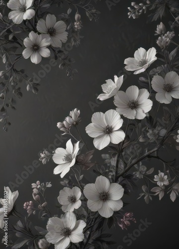 Subtle charcoal floral wallpaper, delicate blooms  , small flowers, design element