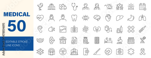 Medical icon set. Containing healthcare, doctor, hospital, ambulance, clinic, pharmacy, medicine, nurse, pills, treatment, surgery and more. Editable line icons. Vector illustration.