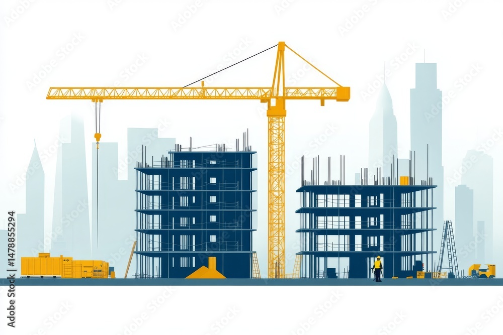 Urban Construction Site Skyscraper Buildings Under Construction with Crane Urban Construction Site Skyscraper Buildings Under Construction with Crane