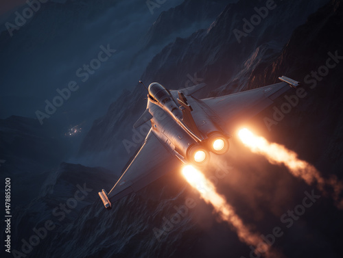 A military aircraft flies fast through rugged mountain terrain with afterburners glowing in early twilight.