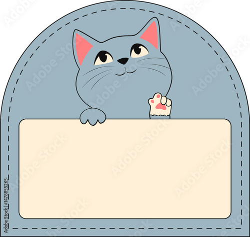 Cute cat name tag. Kawai kitty, paw, animal label for name with adorable cat decoration. Vector isolated.