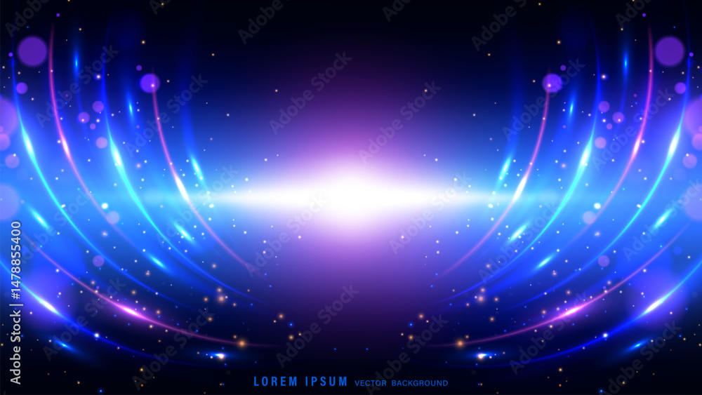 Abstract background with flowing arcs of glowing blue and violet light trails, bokeh effects