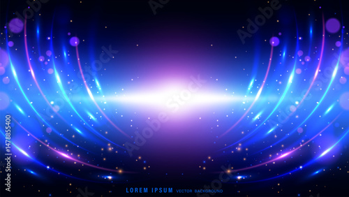 Abstract background with flowing arcs of glowing blue and violet light trails, bokeh effects