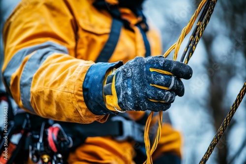 Close up of Worker s Hands in Yellow Protective Gear Handling Ropes Outdoors in Winter