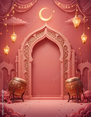 Ramadan Scene with Moon, Arch, and Lanterns