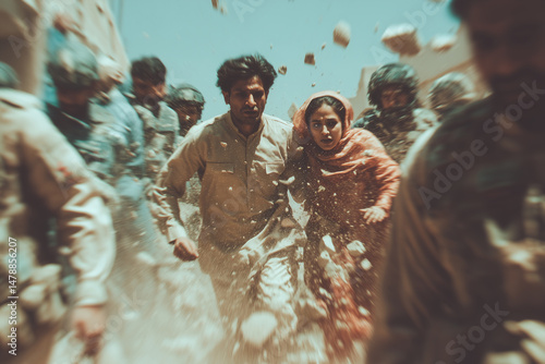 A man and woman sprint through chaos as bricks and dust fall around them, surrounded by military personnel in a war zone.