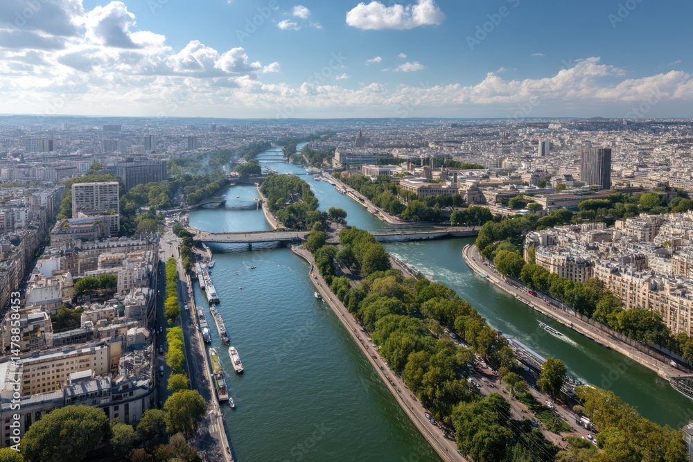Obraz premium Stunning aerial view of Paris, showcasing the River Seine and historical landmarks under bright sunlight.