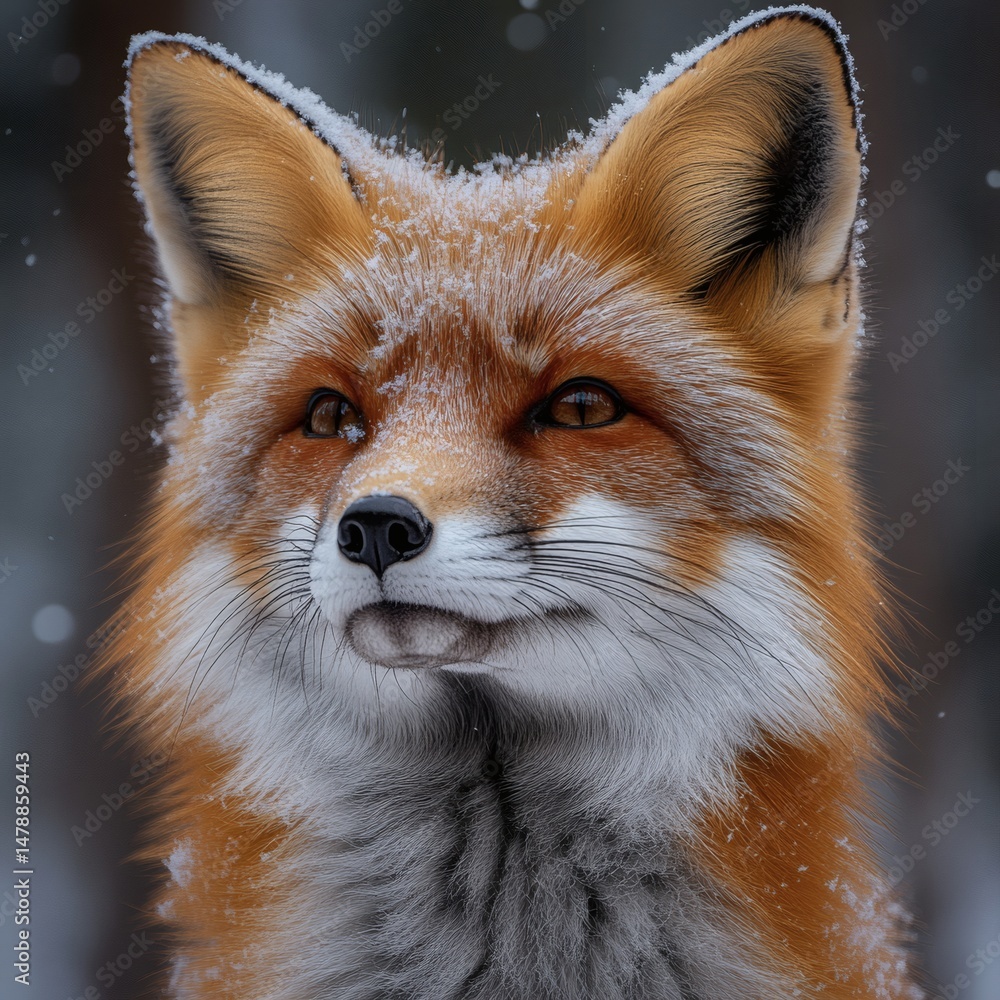 Fototapeta premium Red Fox Portrait with Snowflakes in Wintertime