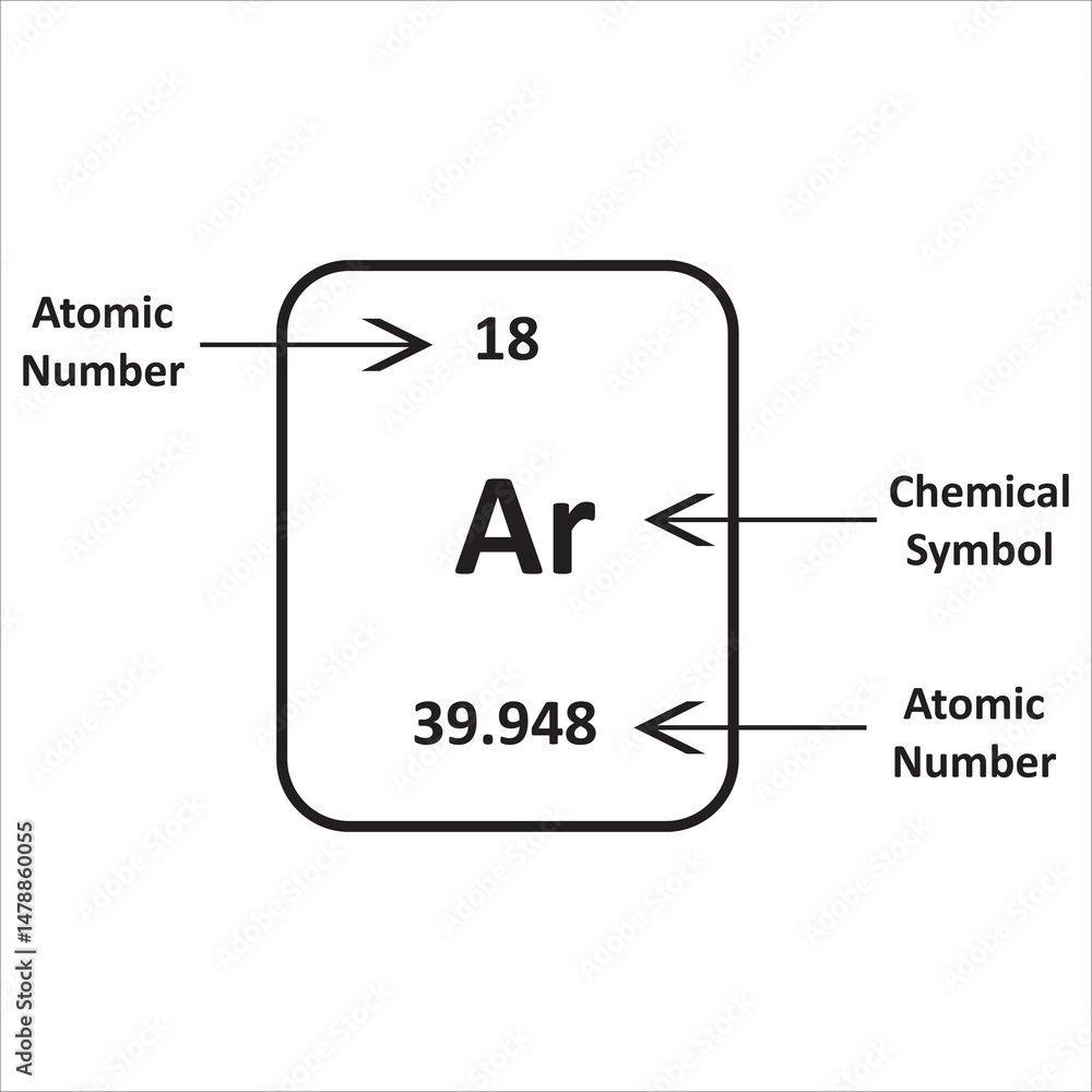 Element Argon from the Periodic Table with its Atomic Number (18), Chemical Symbol (Ar), and Atomic Mass (39.948) Element Argon from the Periodic Table with its Atomic Number (18), Chemical Symbol (Ar), and Atomic Mass (39.948)