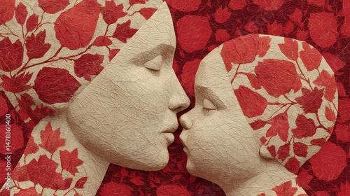 A tender mother and child sculpture with red leaf patterns creates a beautiful and symbolic image of love and family.
