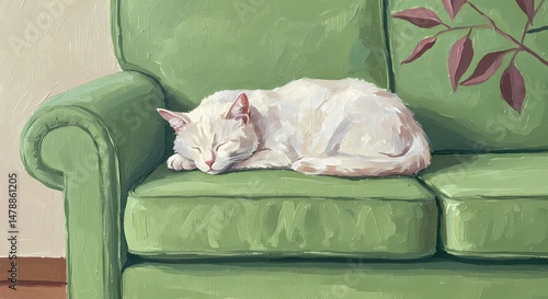 Sleeping Cat on Green Sofa