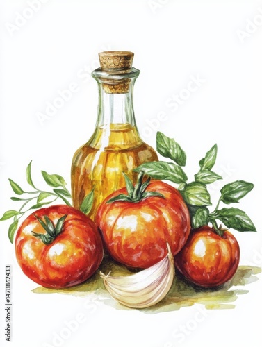 Watercolor painting of tomatoes garlic basil and olive oil bottle still life on white background close up view art