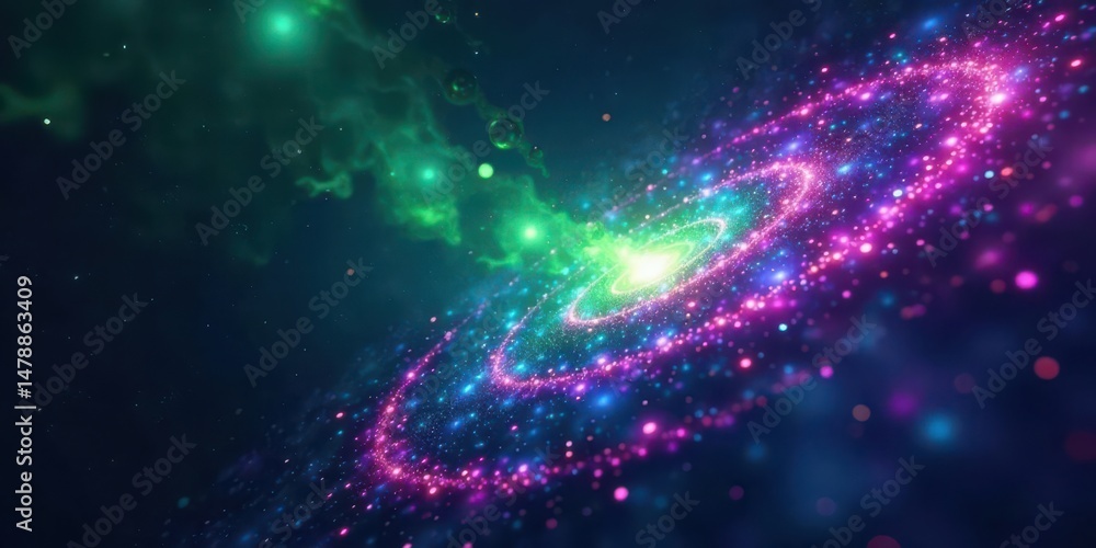 Obraz premium A vibrant cosmic swirl, nebulae colliding in a dazzling display of pink, teal, and green, with shimmering particles dancing across the dark expanse.