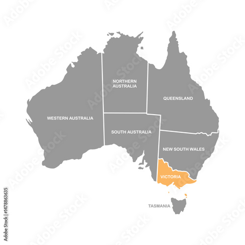 Victoria on orange color , Map of Australia in Mono Color Light grey, vector illustration isolated on white background
