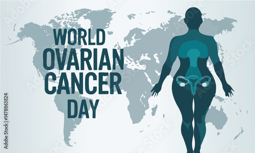 World Ovarian Cancer Day Global Awareness with Teal Female Silhouette and World Map Background