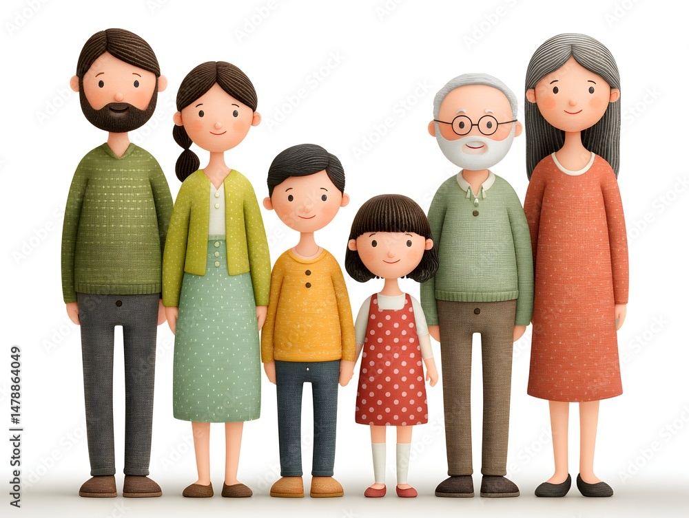 Fototapeta premium A happy multigenerational family portrait featu parents, children, and grandparents standing together smiling in a cute cartoon illustration