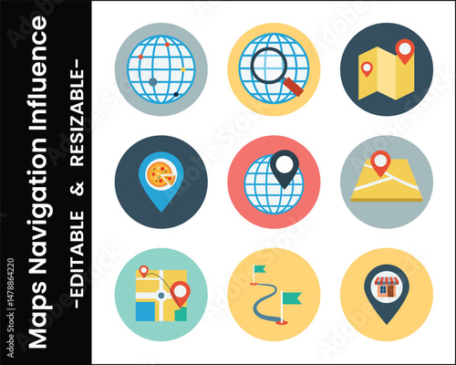 Flat Design Navigation Icons Globe Magnifying Glass Map Destination Location Store Pizza