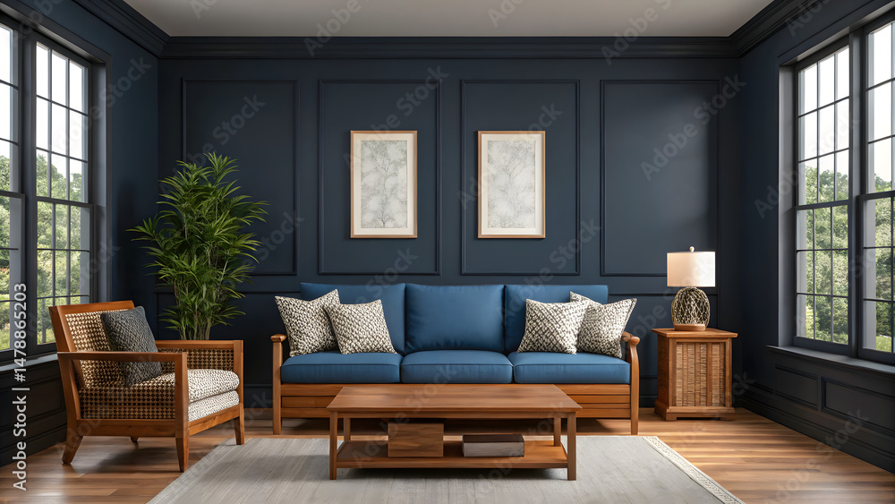 Fototapeta premium Dark blue sofa and recliner chair in Scandinavian apartment