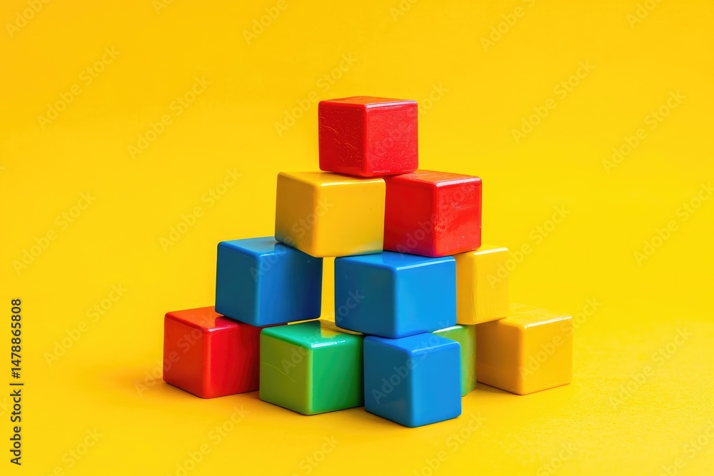 Colorful building blocks arranged in a pyramid shape on a vibrant yellow background. The blocks are various colors, creating a visually engaging display Colorful building blocks arranged in a pyramid shape on a vibrant yellow background. The blocks are various colors, creating a visually engaging display