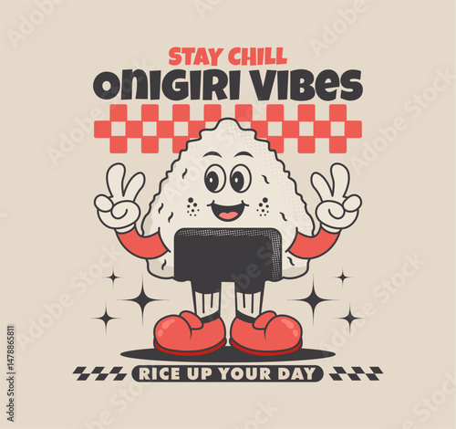 Cute retro onigiri cartoon character, perfect for T-shirt designs, posters, and stickers. Playful and colorful vector illustration with a nostalgic Japanese vibe
