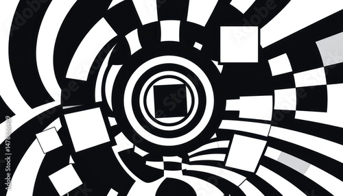 Abstract black and white composition featuring circles, squares, and swirling shapes, creating a visually dynamic and impactful design