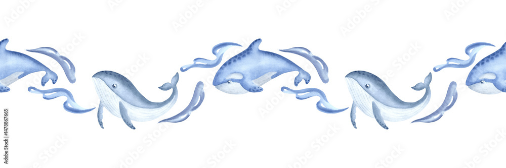 Fototapeta premium Blue and killer whale with sea waves watercolor blue seamless border for kids design. Hand drawn isolated illustration of cute marine animal characters. Underwater ocean inhabitants in sketch style.