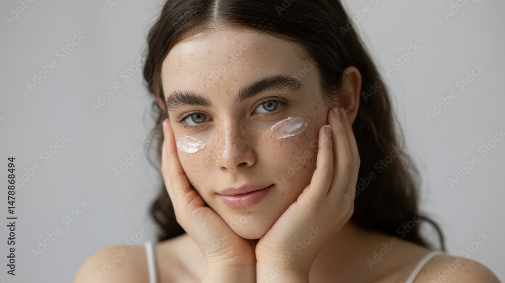 Natural Light Studio Portrait of Woman with Light Makeup, Freckles Visible Natural Light Studio Portrait of Woman with Light Makeup, Freckles Visible