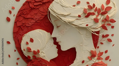 A tender paper sculpture depicts a mother and child embracing amidst falling red leaves creating a heartfelt scene of maternal love.