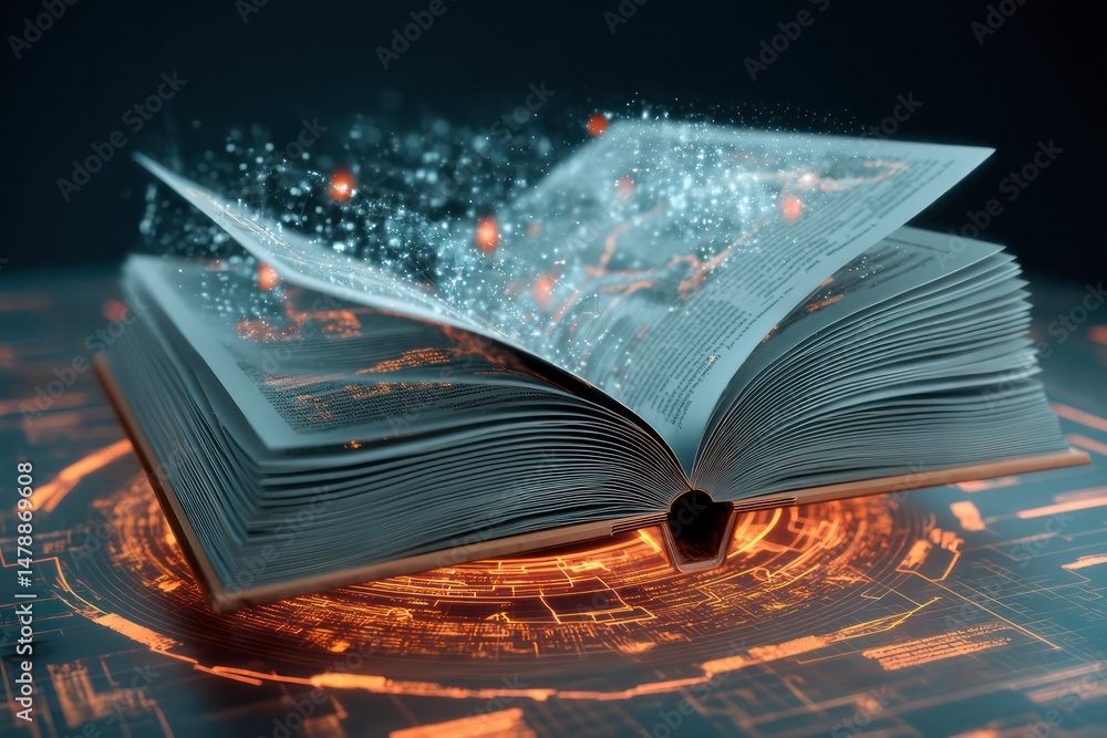 Fototapeta premium Open book with holographic interface, representing the futuristic evolution of education.