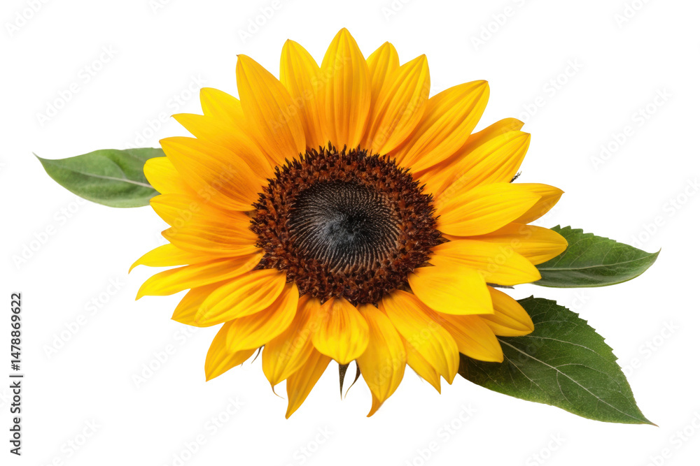 Obraz premium PNG Vibrant yellow sunflower with green leaves isolated on white background