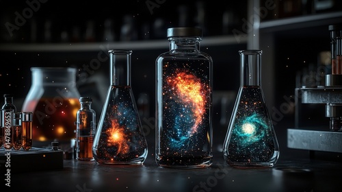 Cosmic experiments in a laboratory science lab digital art indoor close-up universe exploration