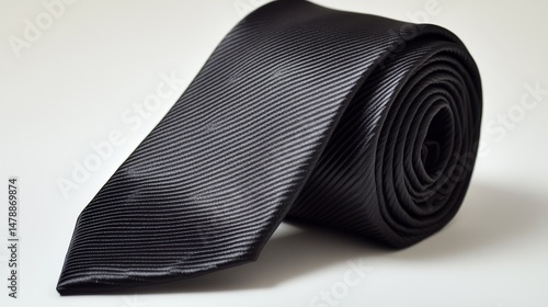 Elegant black striped silk necktie with rolled design on white background
