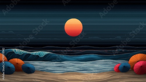 Sunset serenity at the beach coastal landscape digital artwork tranquil atmosphere vibrant colors