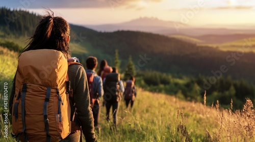 A digital detox retreat scene with a group of people hiking, enjoying nature without phones,