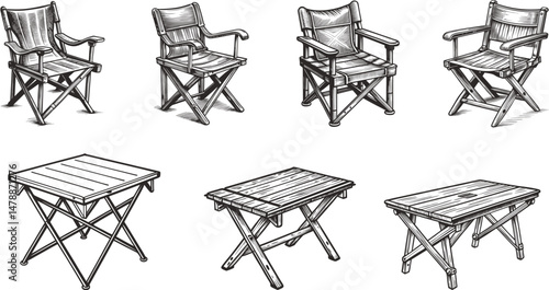 Folding Chairs and Tables Outdoor Furniture Set Black and White Engraving Monochrome Vector Illustration