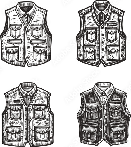 Stylish sleeveless jackets Black and White Engraving Monochrome Vector Illustration