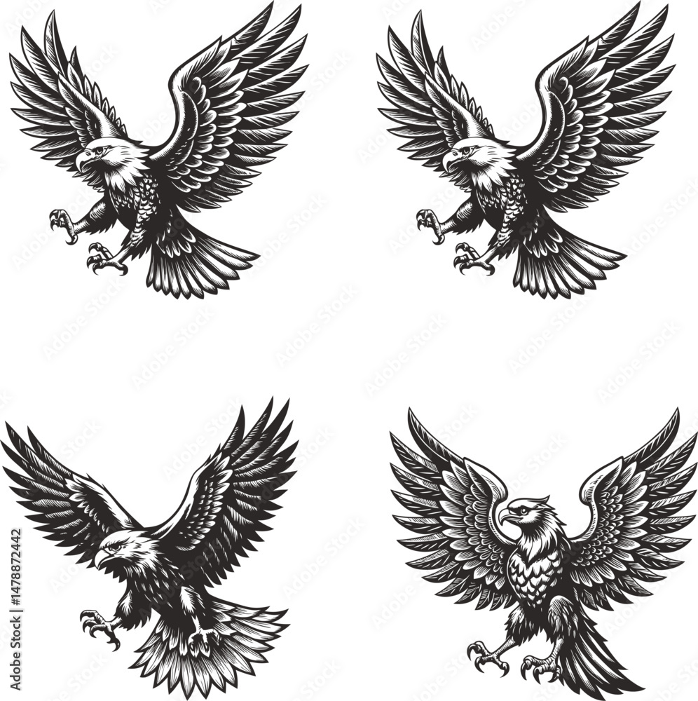 Obraz premium Majestic Eagles in Flight Black and White Vector Illustration