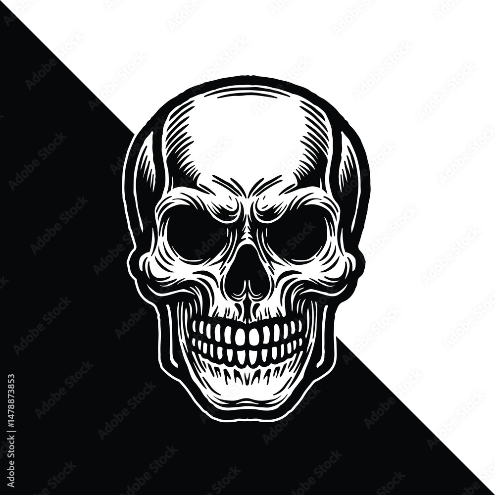 Fototapeta premium Vintage Skull Head Illustration, Monochrome Hand-Drawn Style for Tattoo, Sticker, or Gothic Design